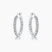 Rhodium Plated Dotted Clear CZ Round Bezel Hoop Earrings