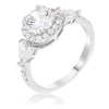 XXCt Rhodium 3-Stone Clear CZ Round Halo Pear Engagement Ring