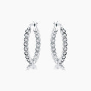 Rhodium Plated Dotted Clear CZ Round Bezel Hoop Earrings