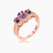 Rose Gold Plated 3-Stone Amethyst Oval Cut CZ Halo Ring