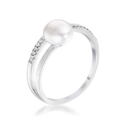 .15Ct Rhodium Plated Freshwater Pearl Ring With CZ Micro Pave Band