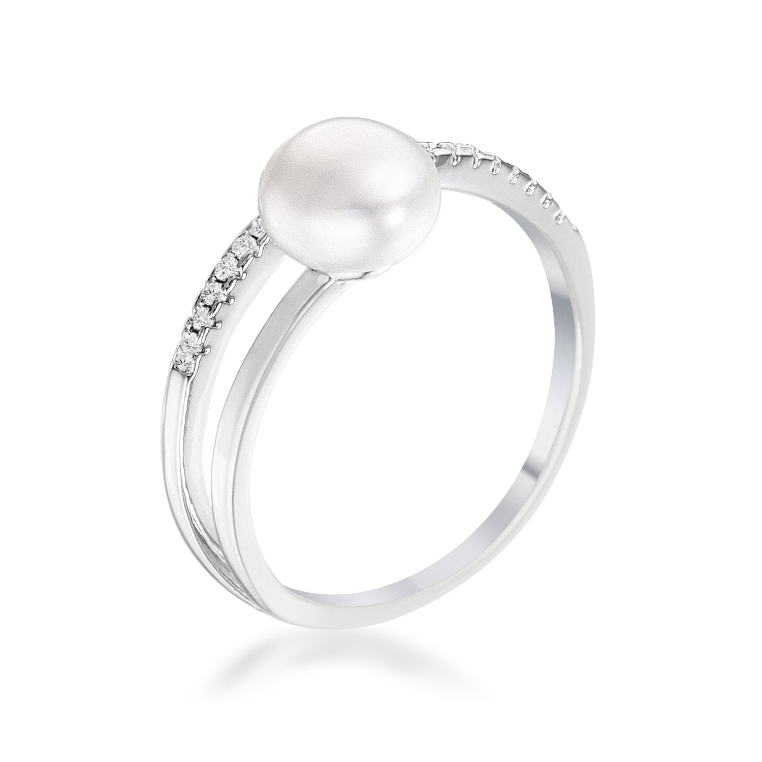 .15Ct Rhodium Plated Freshwater Pearl Ring With CZ Micro Pave Band