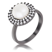 Hematite Double Halo Ethereal Pearl Cocktail Ring