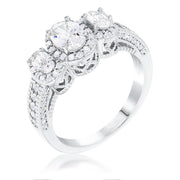 Rhodium Plated 3-Stone Clear Oval Cut CZ Halo Ring